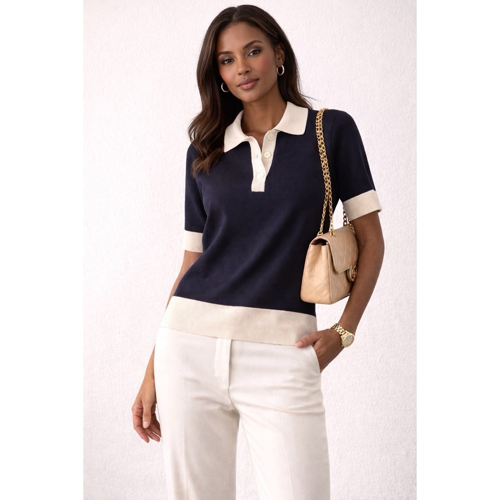 LARTIGENT Knit Polo Top Free Size Navy Cream Minimalist Quiet Luxury Chic - Picture 2 of 9